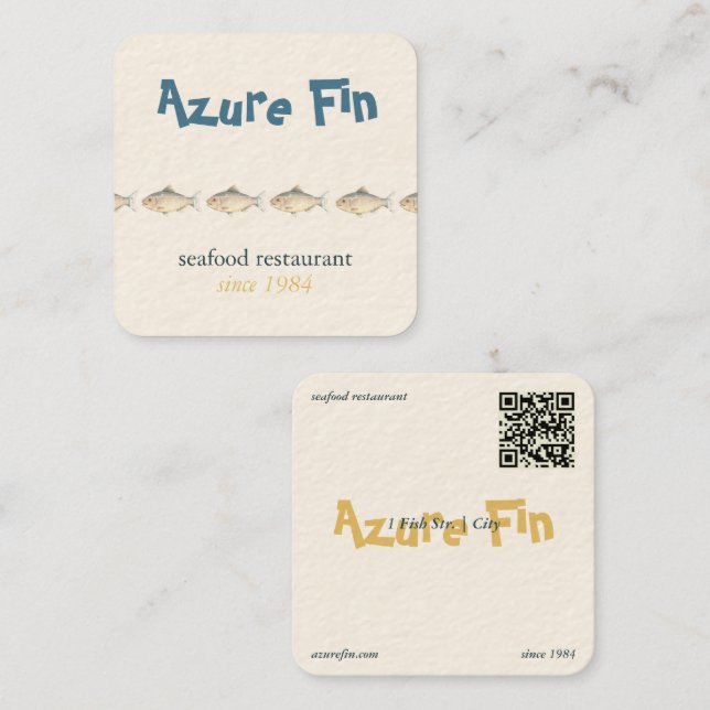 Azure Fin Elegant Fish Restaurant Logo Quadratische Visitenkarte (Vorne/Hinten)