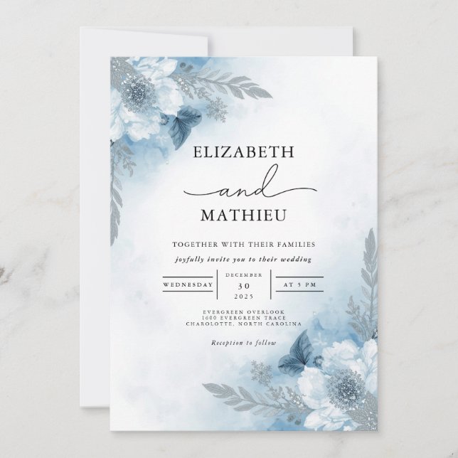Azure Frost Bloral Bloom Wedding Einladung (Vorderseite)