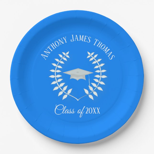 Azure Grad Cap und Blätter Papier Teller 9" (Vorderseite)