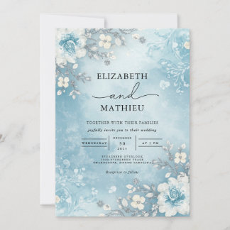 Azure Ice Blossom Romance Wedding Einladung