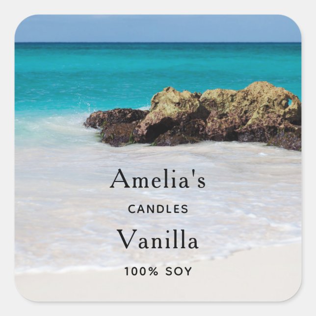 Azure Ocean Sandy Beach Foto Candle Business Quadratischer Aufkleber (Vorderseite)