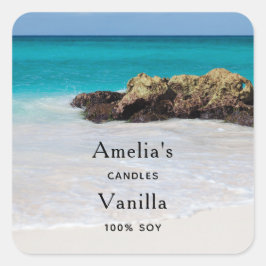 Azure Ocean Sandy Beach Foto Candle Business Quadratischer Aufkleber
