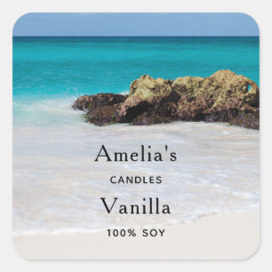Azure Ocean Sandy Beach Foto Candle Business Quadratischer Aufkleber