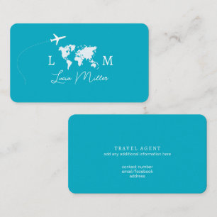Azure Reiseagenten-Monogramm Weltkarte & Flugzeug Visitenkarte