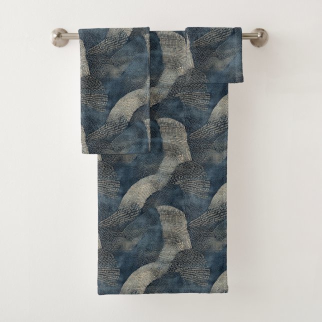 Azure Ripples of Tranquility Shibori Japanisch Badhandtuch Set (Insitu)