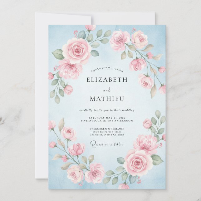 Azurrosa Blütenhochzeit Einladung (Vorderseite)