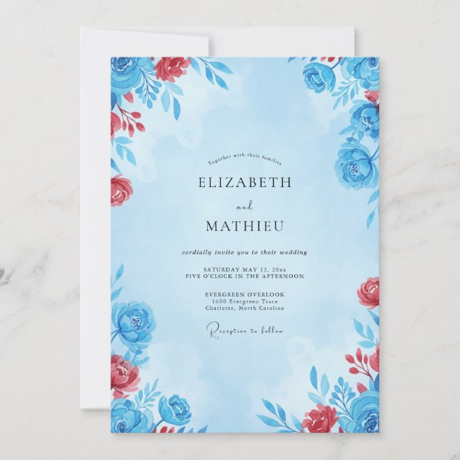 Azurrote Blütenhochzeit Einladung (Vorderseite)