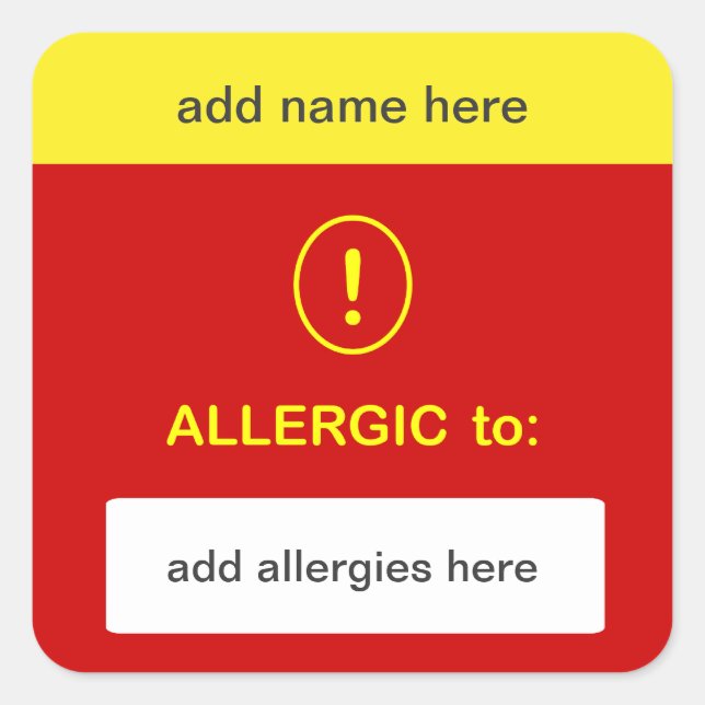 b3 - ANKUNFT DIES ~ Name + Allergie hinzufügen. Quadratischer Aufkleber (Vorderseite)