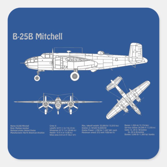 B-25B Mitchell Doolittle - Airplane Blueprint ABD Quadratischer Aufkleber (Vorderseite)