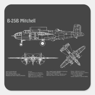B-25B Mitchell Doolittle - Airplane Blueprint PD Quadratischer Aufkleber