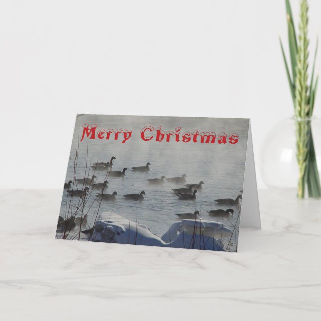 B 49 Canada Geese on Foggy River Christmas Card Dankeskarte (Vorderseite)
