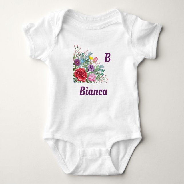 B Bianca Personalisieren von Buchstabennamen, Rose Baby Strampler (Vorderseite)