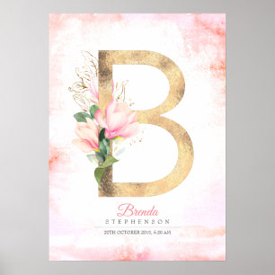 B Brief Monogramm Gold Blätter Rosa Magnolie Flora Poster