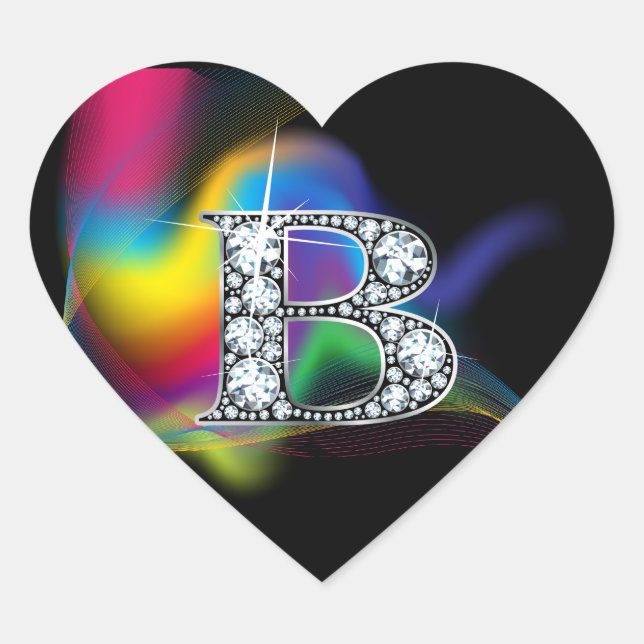"B" Diamantblende auf Rainbow Swirt Herzsticker Herz-Aufkleber (Vorderseite)