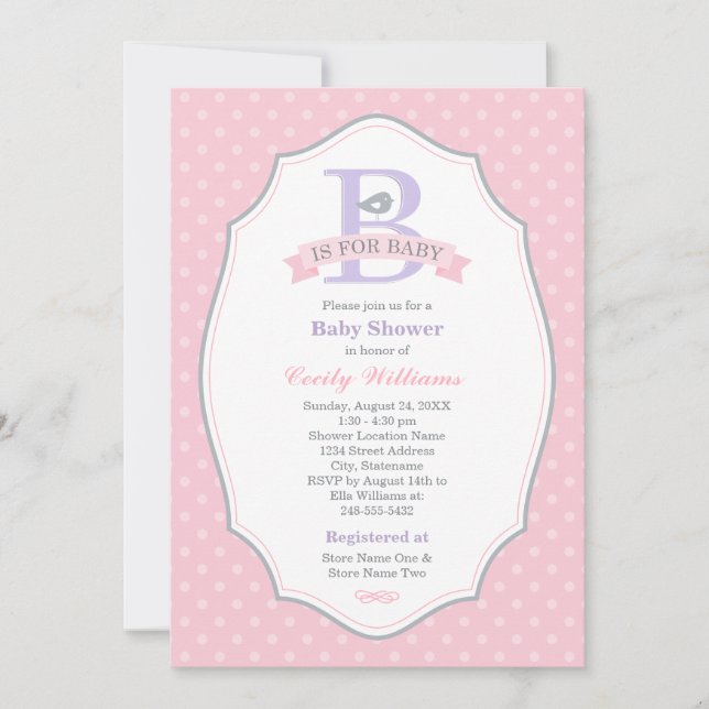 B ist für Baby Pink Baby Girl Baby Shower geeignet Einladung (Vorderseite)