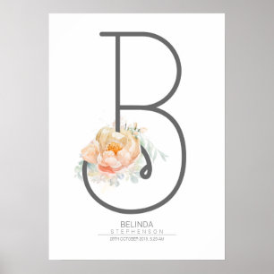 B Letter Monogram Blush Peach Floral Wohngestaltun Poster