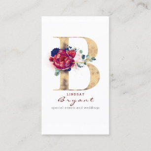 B Monogram Burgundy Gold und Navy Blue Floral Visitenkarte
