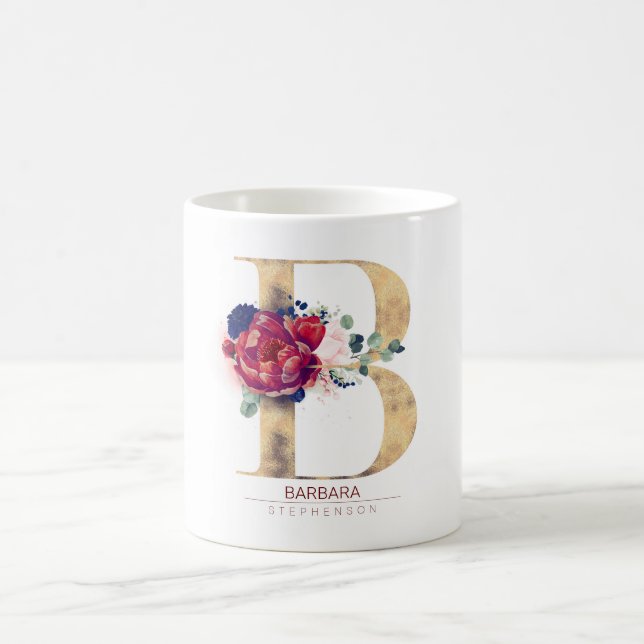 B Monogram Floral Burgund Red and Navy Blue Kaffeetasse (Mittel)
