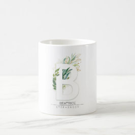 B Monogram Gold Greenery Blätter Eleganter Name Kaffeetasse