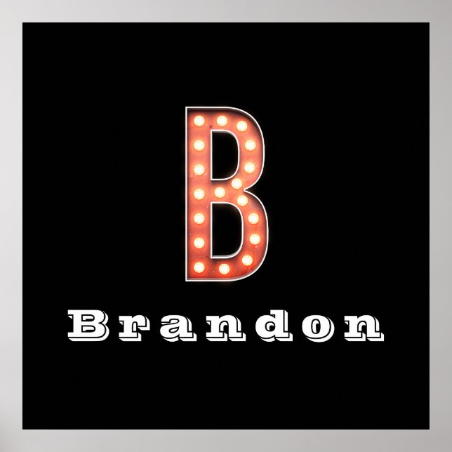 B Monogram Marquee Bulb Personalisiert Poster (Vorne)