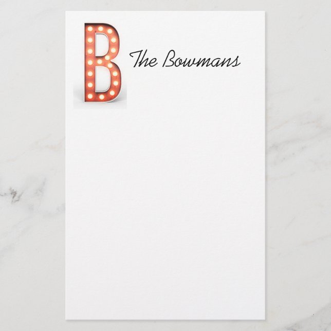 B Monogram Marquee Bulb personalize Briefpapier (Vorderseite)