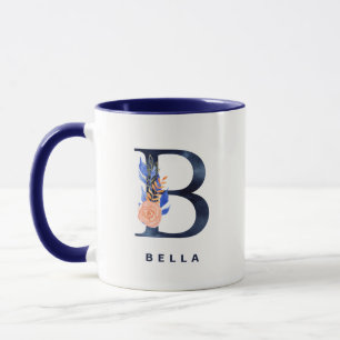 B Monogram Navy Blue Watercolor Floral Tasse