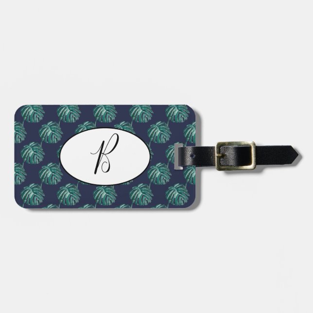 B Monogram Palm Print Turquoise Luggage Tag Gepäckanhänger (Vorderseite horizontal)