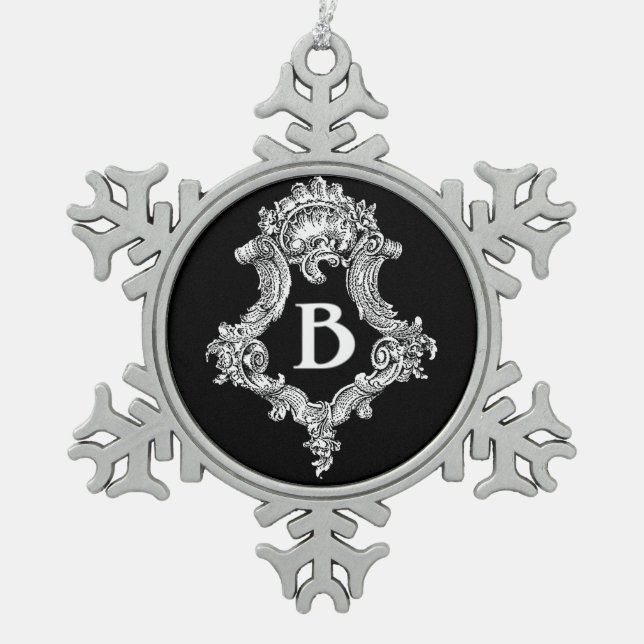 B Monogramm Erstverzierung Schneeflocken Zinn-Ornament (Vorderseite)
