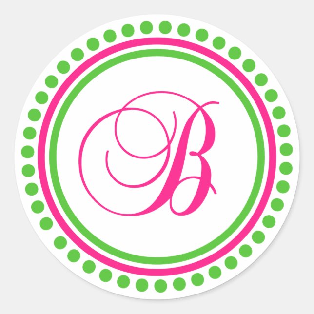 B Monogramm (heißrosa/grüner Punktkreis) Runder Aufkleber (Vorderseite)