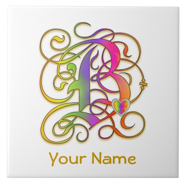 B Monogramm Ihr Name "Gothic Rainbow" Keramik Tile Fliese (Vorderseite)