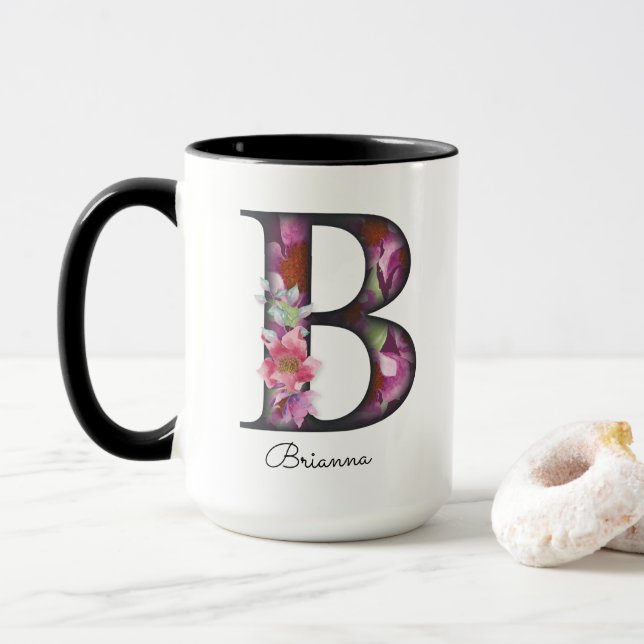B Monogramm Lila florale Tasse für Personalisierte (Mit Donut)