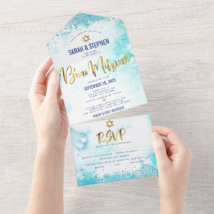 B’nai Mitzvah Türkis Wasserfarbe Gold Party Bold All In One Einladung
