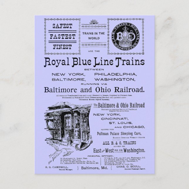 B+O Royal Blue Line Züge 1910 Postkarte (Vorderseite)