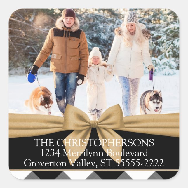 B&W Buffalo Karo & Bow Foto Rücksendeadresse Quadratischer Aufkleber (Vorderseite)