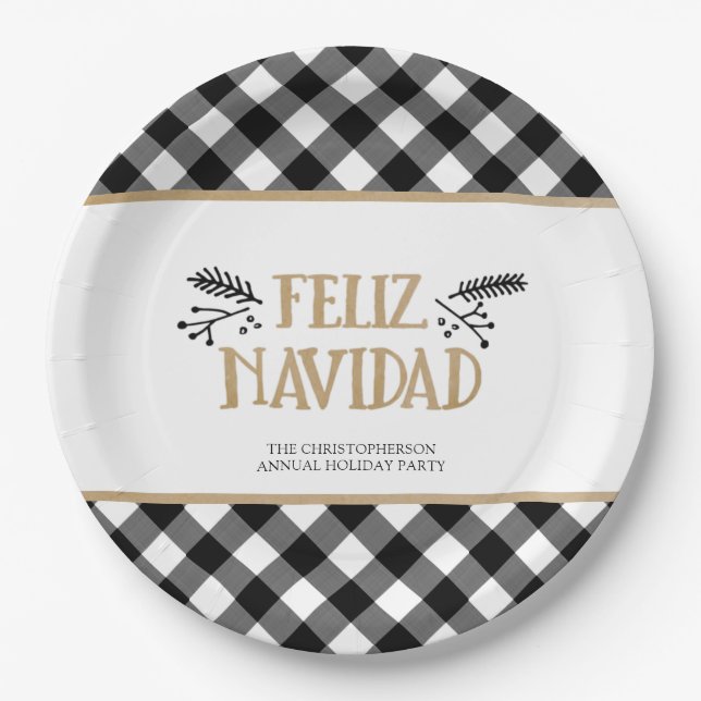 B&W Buffalo Karo FELIZ NAVIDAD Personalisiert Pappteller (Vorderseite)