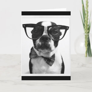 B&W Hipster Nerd Boston Terrier Karte
