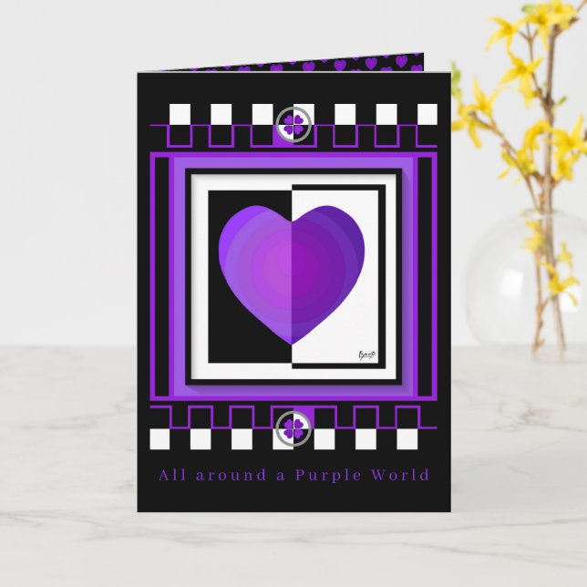 B&W Lila Hearts: Blankokarte Karte (Gelbe Blume)