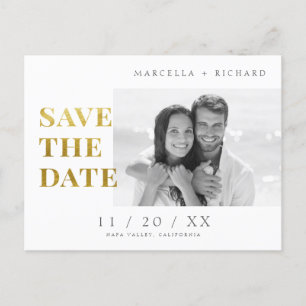 B&W Minimalistisch Gold Foto Wedding Save the Date Postkarte