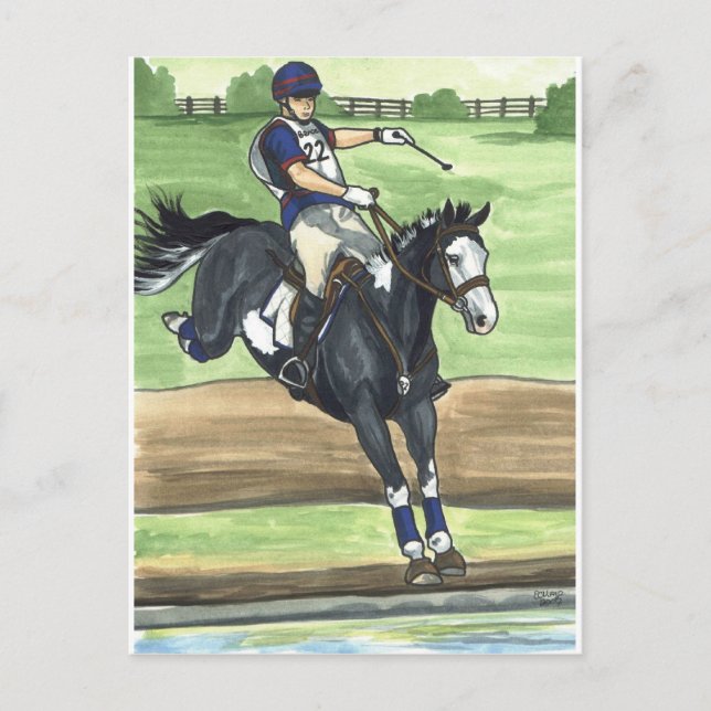 B&W Paint Horse XC in Water Eventing Postkarte (Vorderseite)