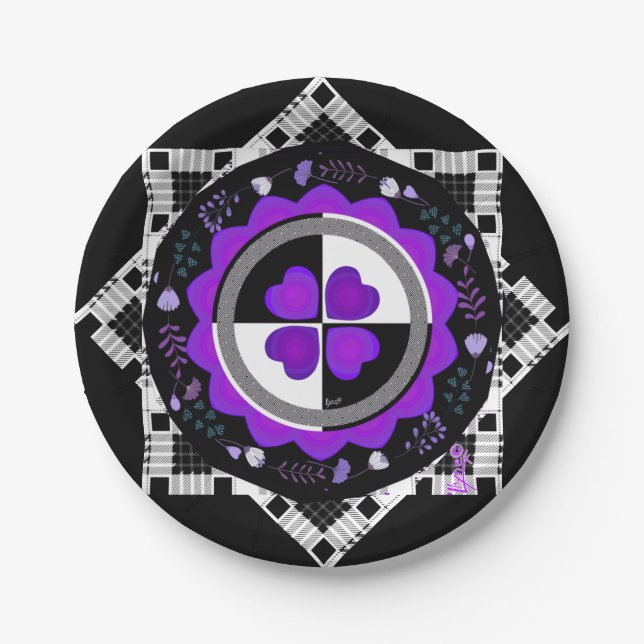 B&W Purple Hearts Schlagen Pappteller (Vorderseite)