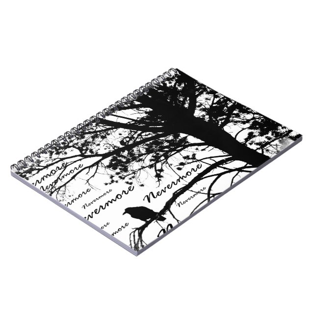 B&W Raven Nevermore Baum-Silhouette - E.A. Poe Notizblock (Linke Seite)