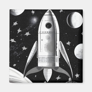 B&W Retro-Raketenschiff Magnet