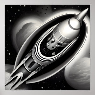 B&W Retro Rocket Poster