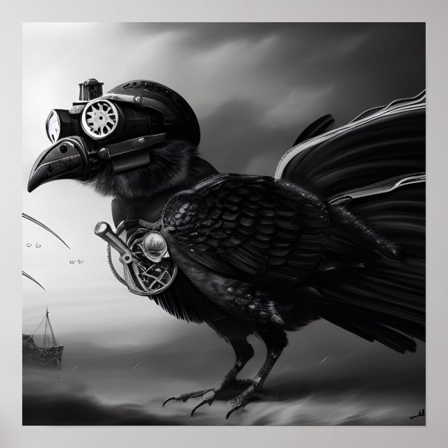 B&W Steampunk Robot Bird Poster (Vorne)