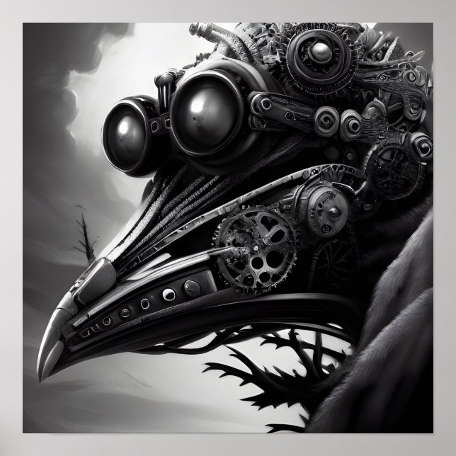B&W Steampunk Robot Raven Poster (Vorne)