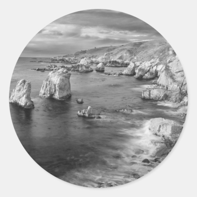 B&W Strand Küste, Kalifornien Runder Aufkleber (Vorderseite)