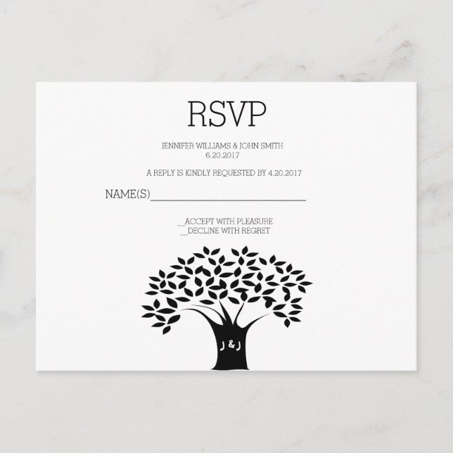 B&W Tree Wedding RSVP Cards Einladungspostkarte (Vorderseite)