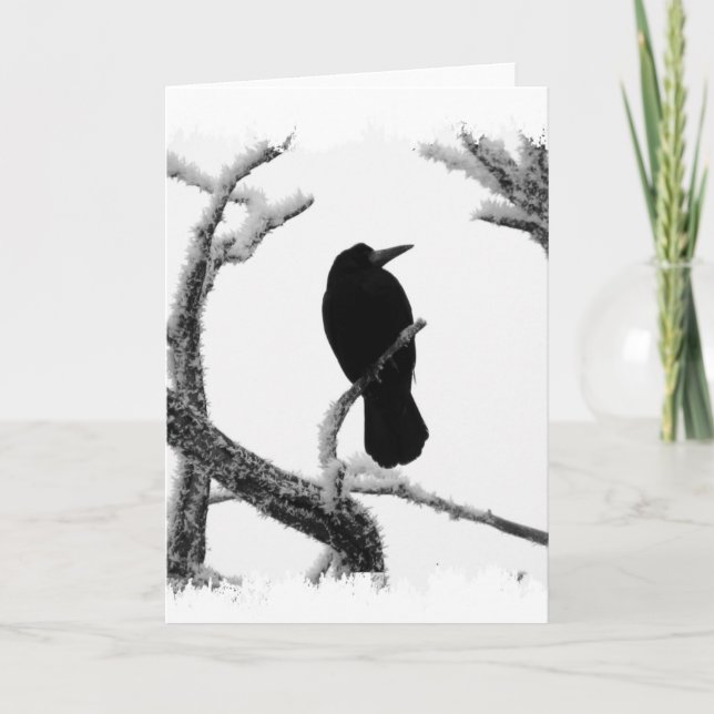 B&W Winter Raven Edgar Allan Poe Karte (Vorderseite)