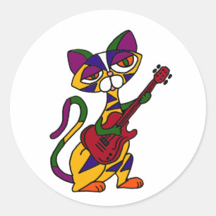 BA - Cooler Cat Playing Guitar Cartoon Runder Aufkleber