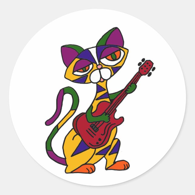 BA - Cooler Cat Playing Guitar Cartoon Runder Aufkleber (Vorderseite)
